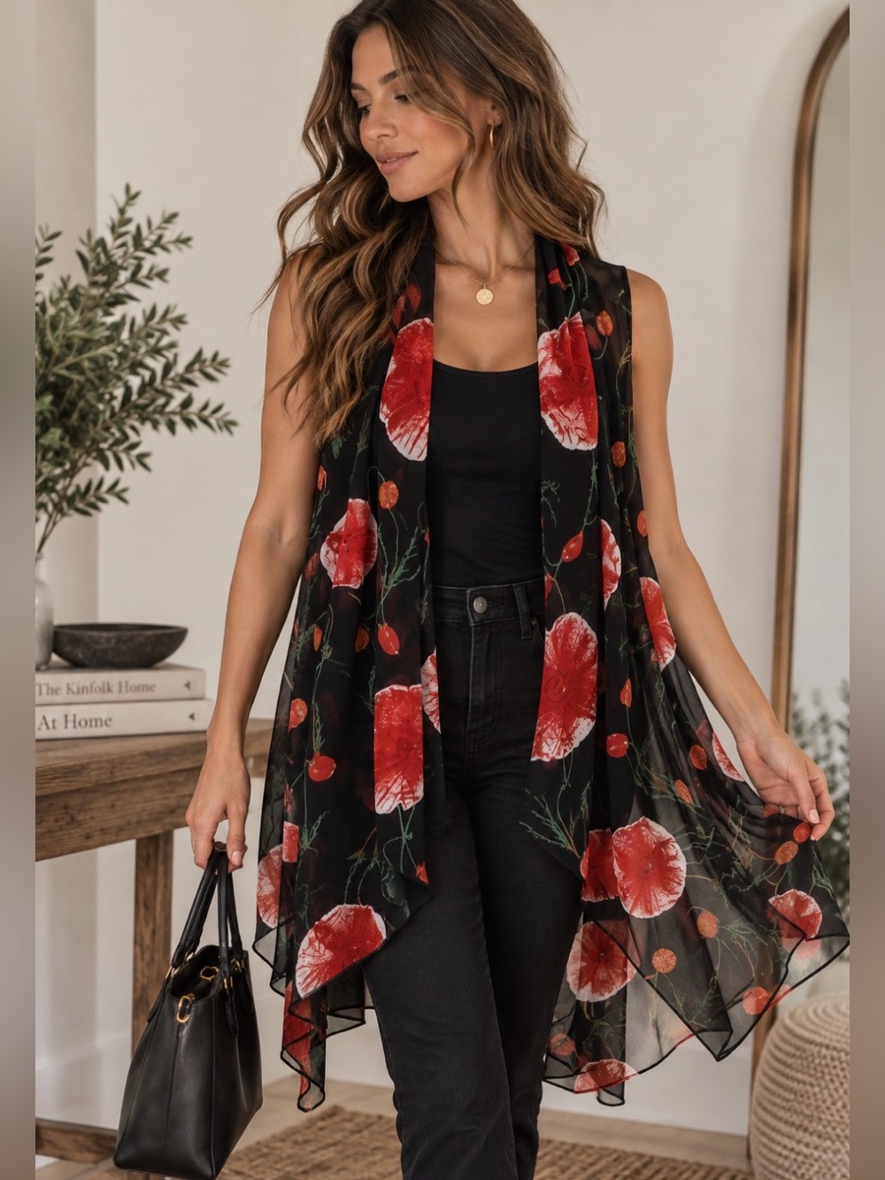 Black Red Floral Sheer Kimono Vest Duster Scarf Neck Boho One Size